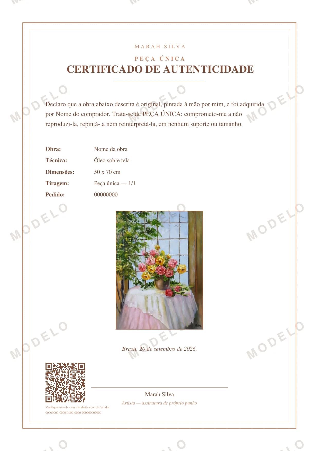 Modelo do certificado de peça única: selo Peça Única acima do título, declaração de que a obra não será repintada e linha de tiragem 1/1.