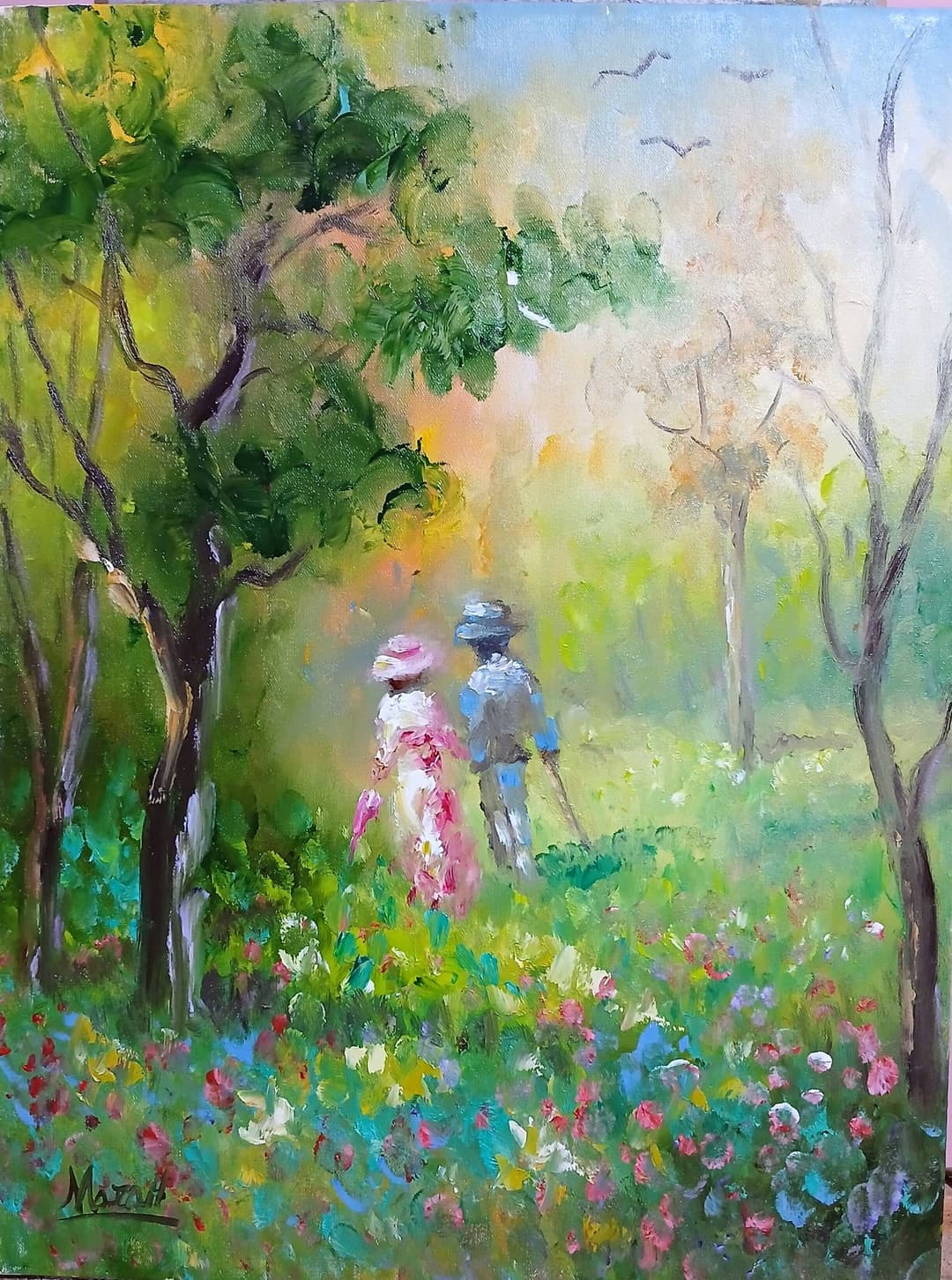 Quadro original "Caminhada em Prado Florido" — Impressionismo, A óleo sobre tela, 30 x 40 cm, pintado à mão por Marah Silva