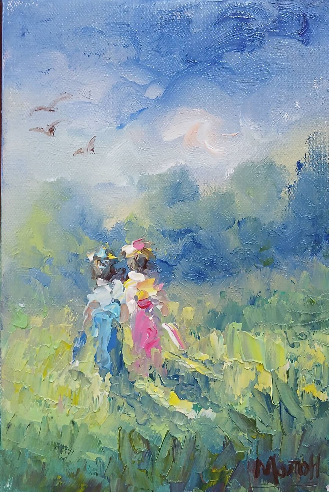 Quadro original "Passeio em Campo Aberto" — Impressionismo, A óleo sobre tela, 10 x 15 cm, pintado à mão por Marah Silva