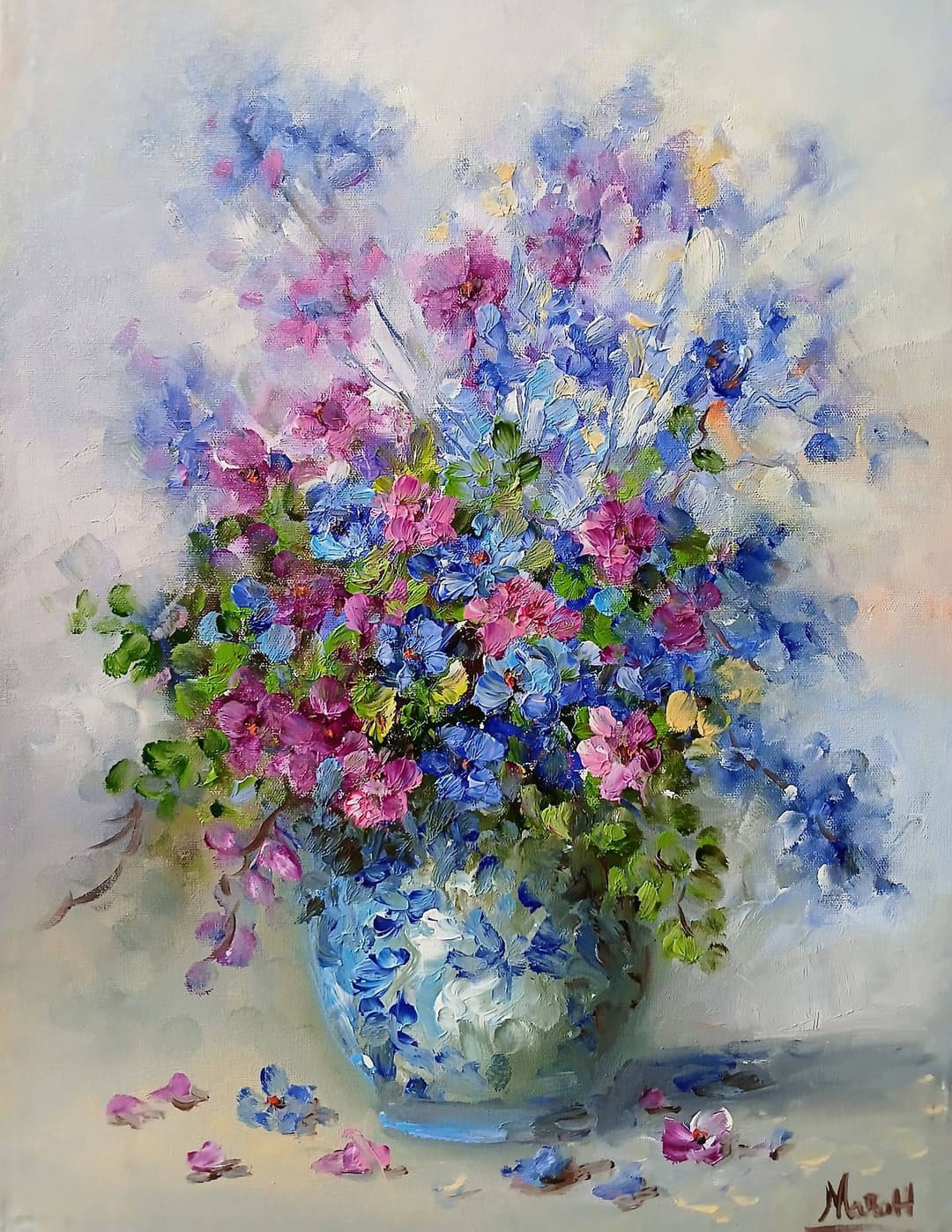 Quadro original "Sinfonia Floral em Azul e Rosa" — Florais, A óleo sobre tela, 30 x 40 cm, pintado à mão por Marah Silva
