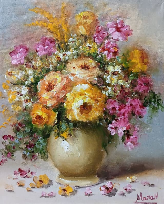 Quadro original "Ouro e Carmesim" — Florais, A óleo sobre tela, 24 x 30 cm, pintado à mão por Marah Silva