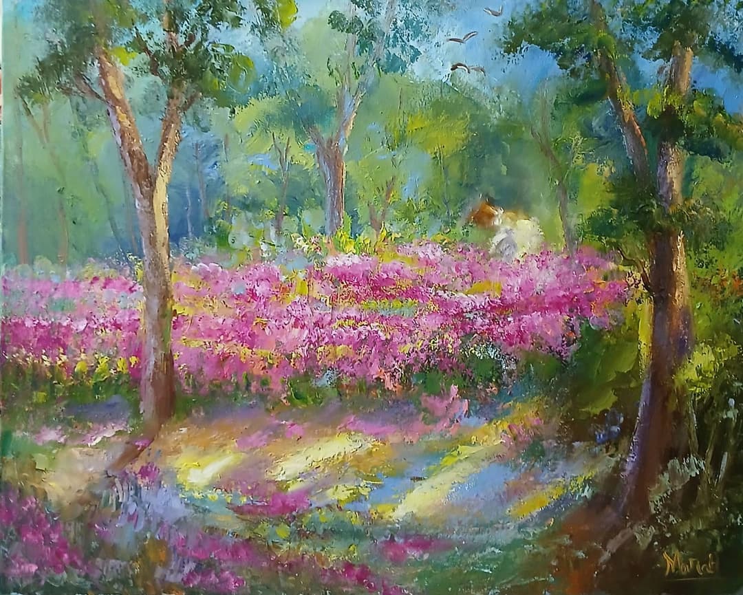 Quadro original "Jardim Secreto em Flor" — Impressionismo, Espatulado a óleo sobre tela, 40 x 50 cm, pintado à mão por Marah Silva