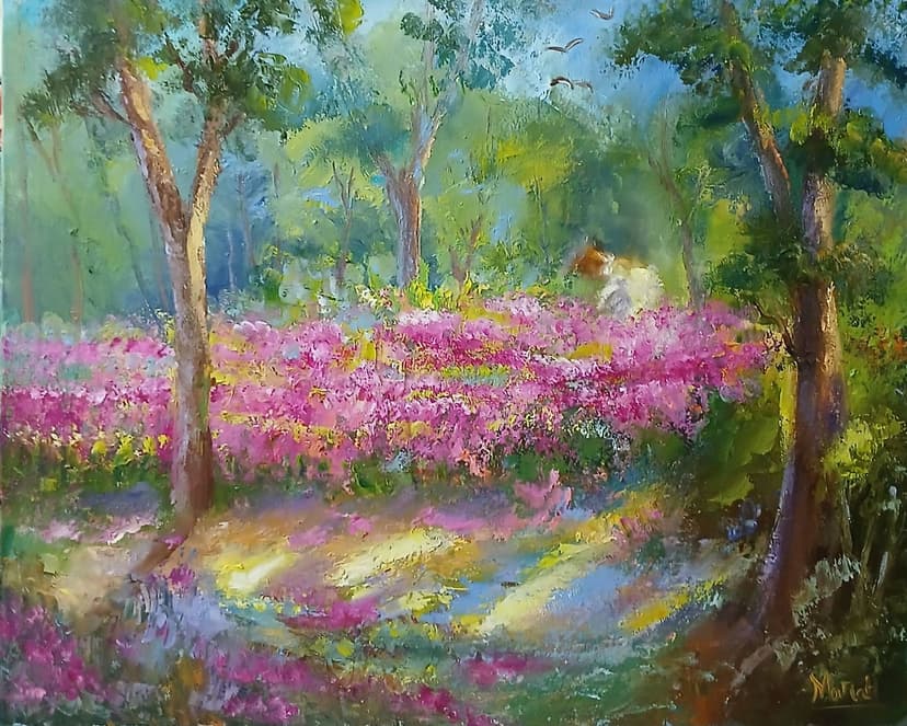 Quadro original "Jardim Secreto em Flor" — Impressionismo, Espatulado a óleo sobre tela, 40 x 50 cm, pintado à mão por Marah Silva