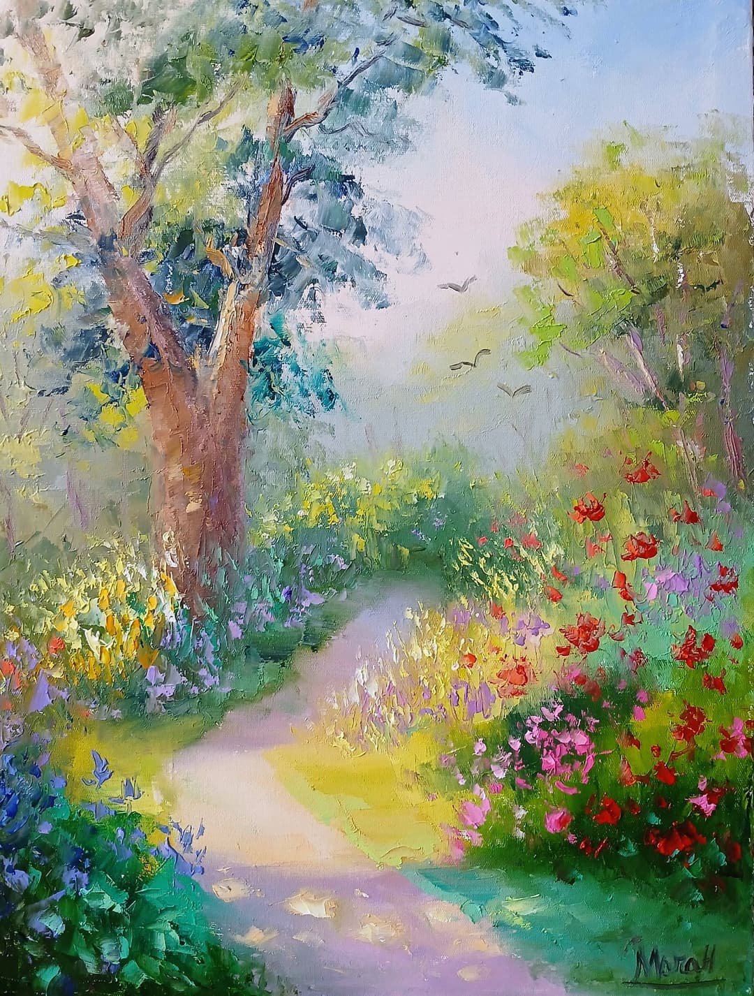 Quadro original "Caminho de Luz Florido" — Paisagens, A óleo sobre tela, 30 x 40 cm, pintado à mão por Marah Silva