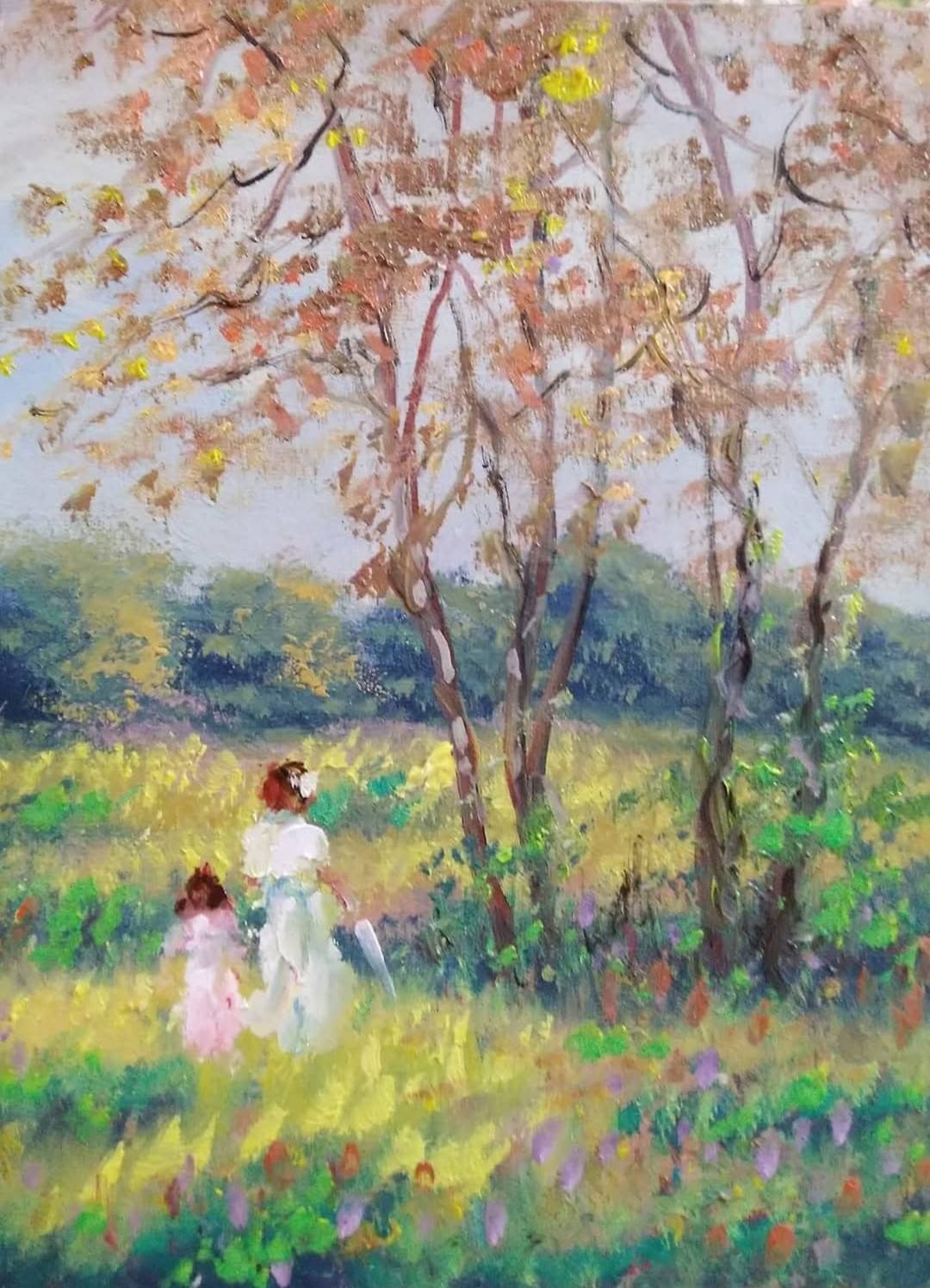 Quadro original "Florescer em Tons Dourados" — Impressionismo, A óleo sobre tela, 30 x 40 cm, pintado à mão por Marah Silva