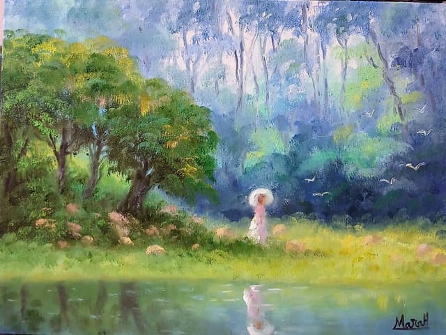 Quadro original "Caminho à Margem Serena" — Impressionismo, A óleo sobre tela, 30 x 40 cm, pintado à mão por Marah Silva
