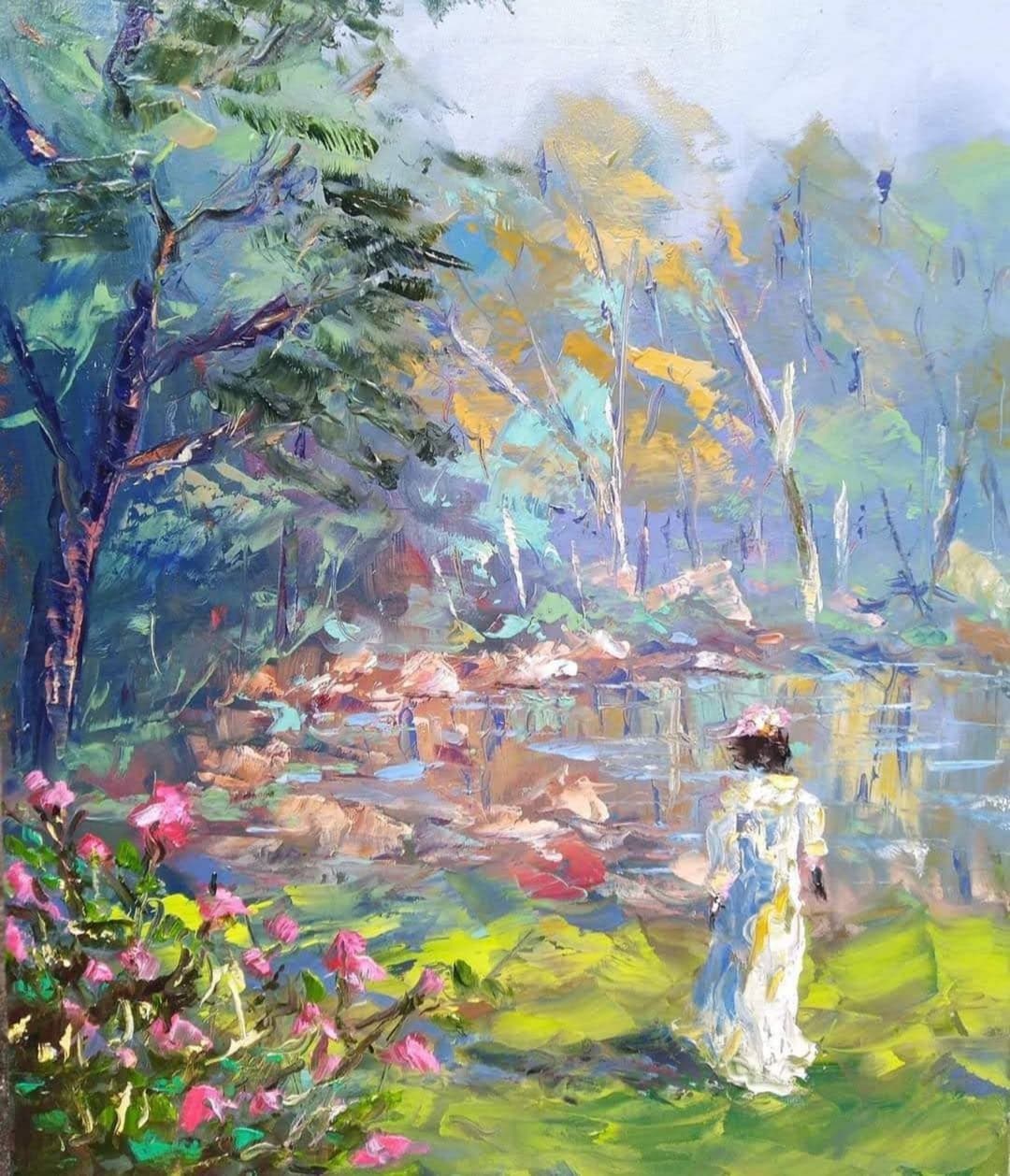 Quadro original "Sussurros no Riacho" — Impressionismo, Técnica espatulada a óleo sobre tela, 50 x 70 cm, pintado à mão por Marah Silva