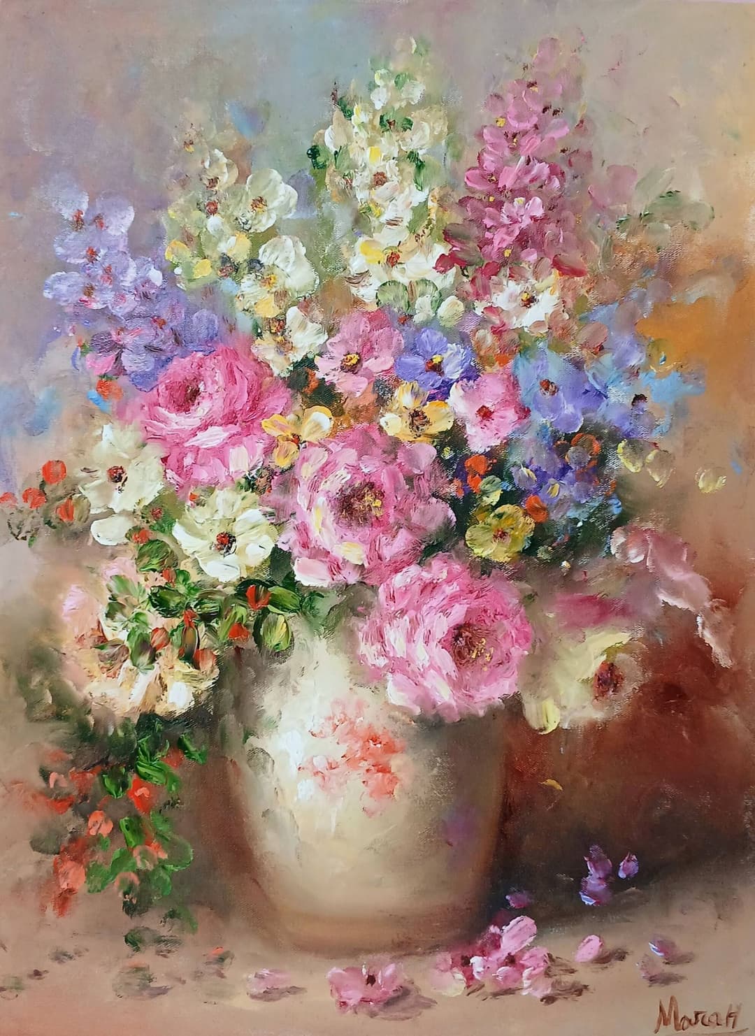 Quadro original "Sinfonia Floral em Tons Suaves" — Florais, A óleo sobre tela, 30 x 40 cm, pintado à mão por Marah Silva