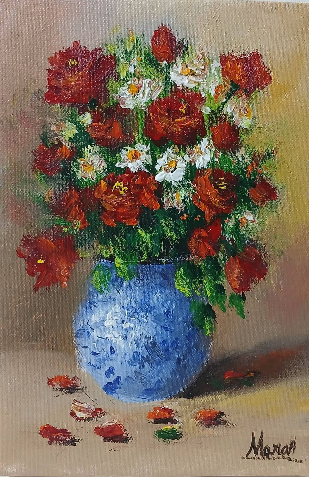Quadro original "Elegância Rubra em Cerâmica" — Florais, A óleo sobre tela, 10 x 15 cm, pintado à mão por Marah Silva
