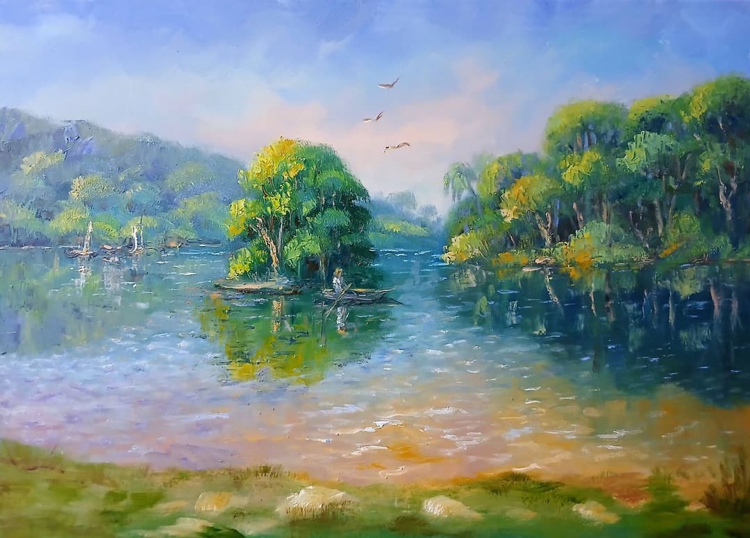 Quadro original "Luz nas Águas Serenas" — Paisagens, A óleo sobre tela, 50 x 70 cm, pintado à mão por Marah Silva