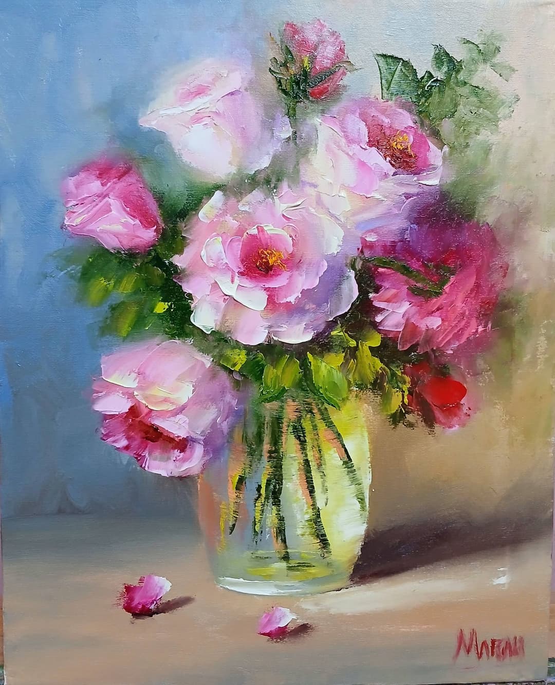 Quadro original "Alegria em Tons Rosados" — Florais, Técnica espatulada a óleo, 24 x 30 cm, pintado à mão por Marah Silva