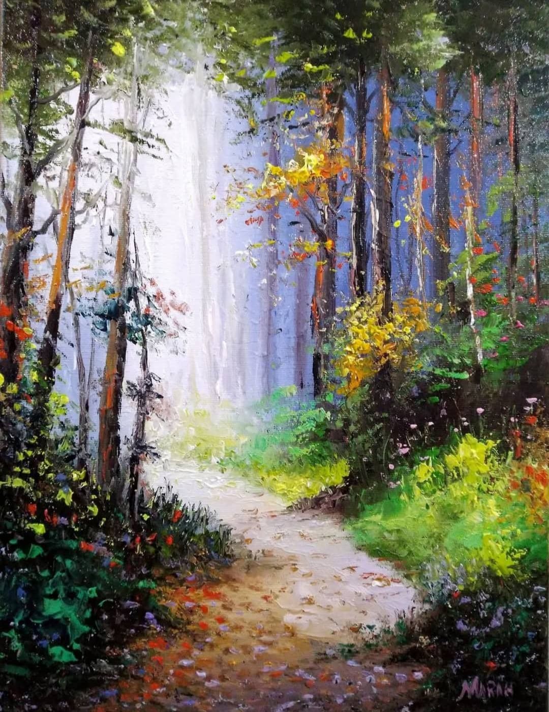 Quadro original "Trilha Dourada na Floresta" — Paisagens, A óleo sobre tela, 50 x 70 cm, pintado à mão por Marah Silva