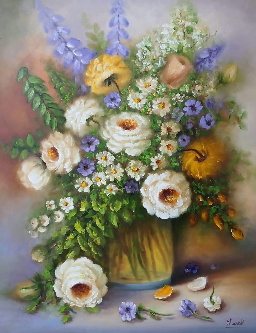 Quadro original "Jardim de Luz Suave" — Florais, A óleo sobre tela, 60 x 90 cm, pintado à mão por Marah Silva