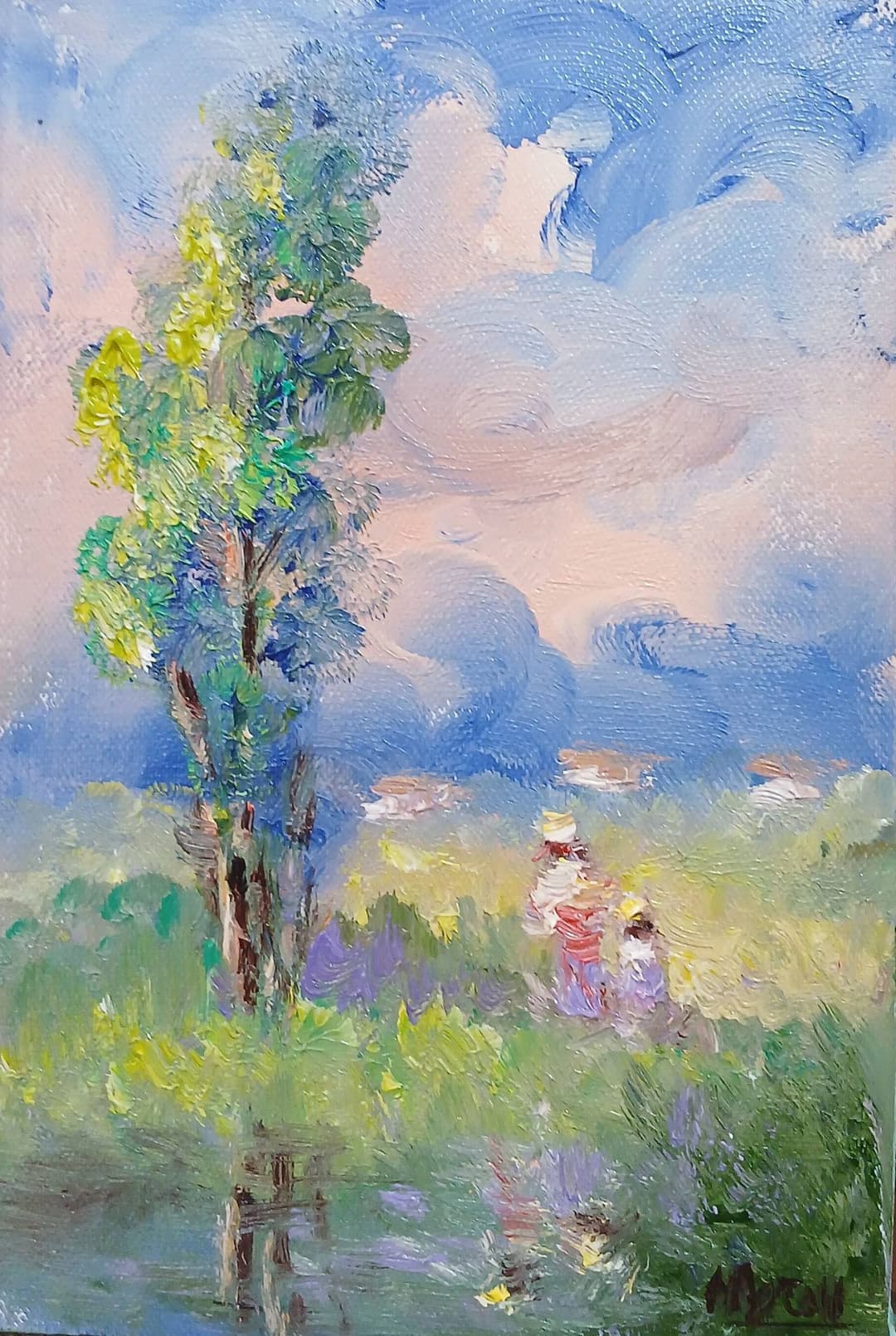 Quadro original "Caminho ao Entardecer Sereno" — Impressionismo, A óleo sobre tela, 10 x 15 cm, pintado à mão por Marah Silva