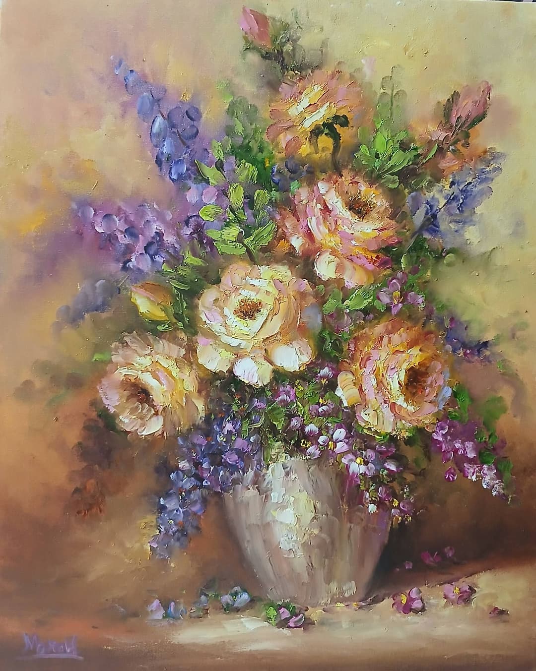 Quadro original "Jarro de Flores Suaves" — Florais, A óleo sobre tela, 40 x 50 cm, pintado à mão por Marah Silva