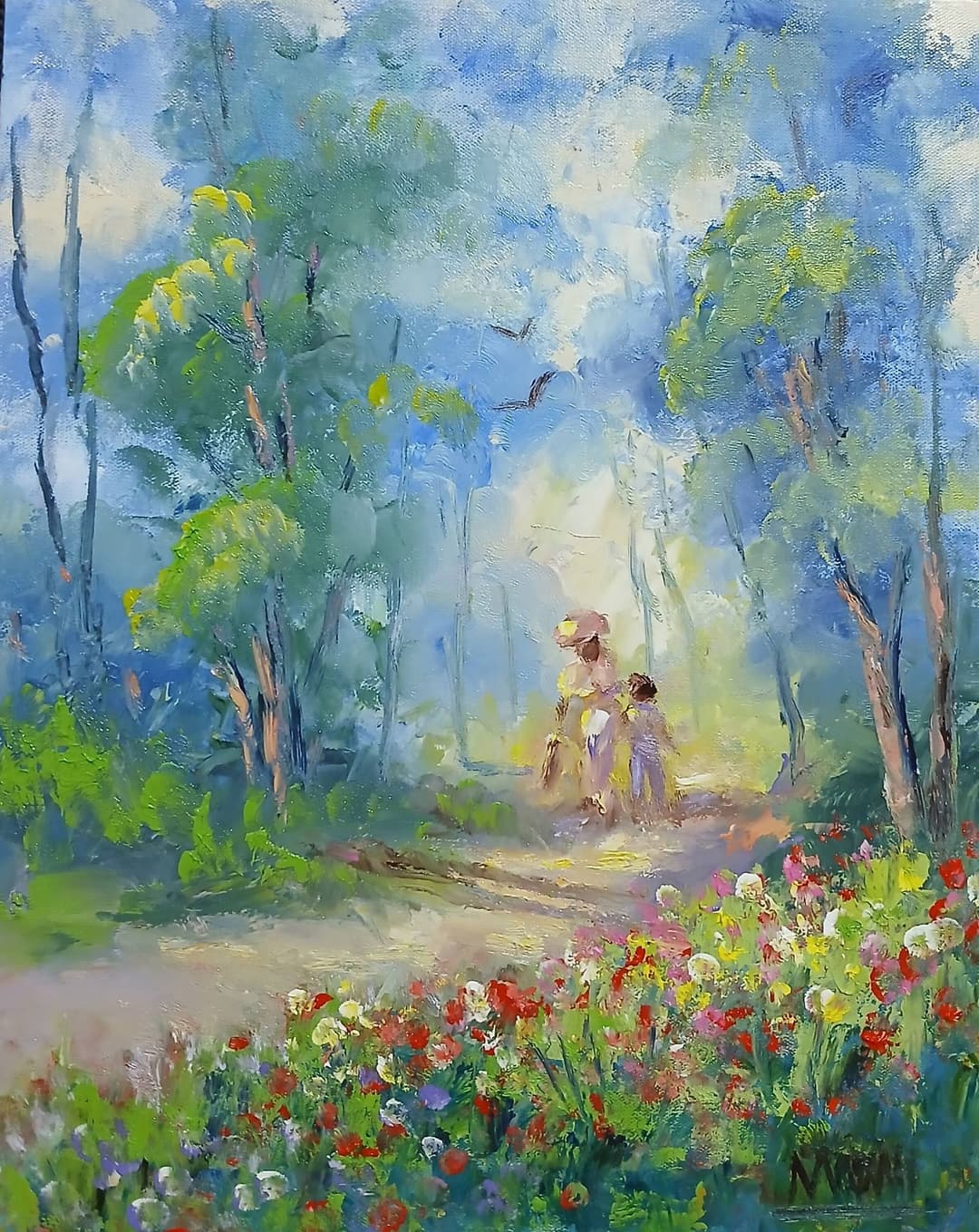 Quadro original "Caminho Floral Sereno" — Impressionismo, A óleo sobre tela, 24 x 30 cm, pintado à mão por Marah Silva