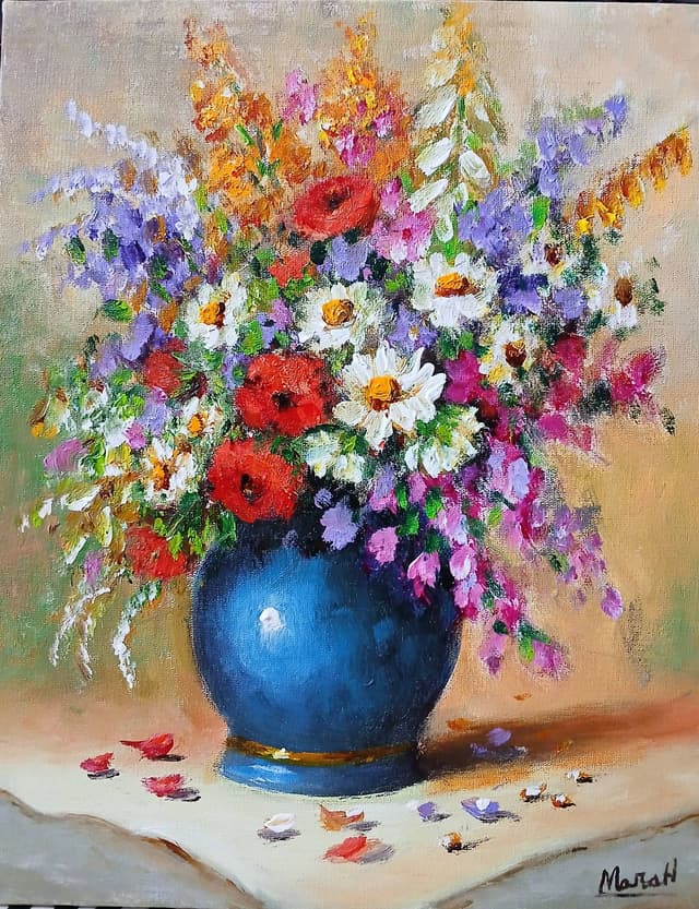 Quadro original "Florescer em Vaso Celeste" — Florais, A óleo sobre tela, 24 x 30 cm, pintado à mão por Marah Silva