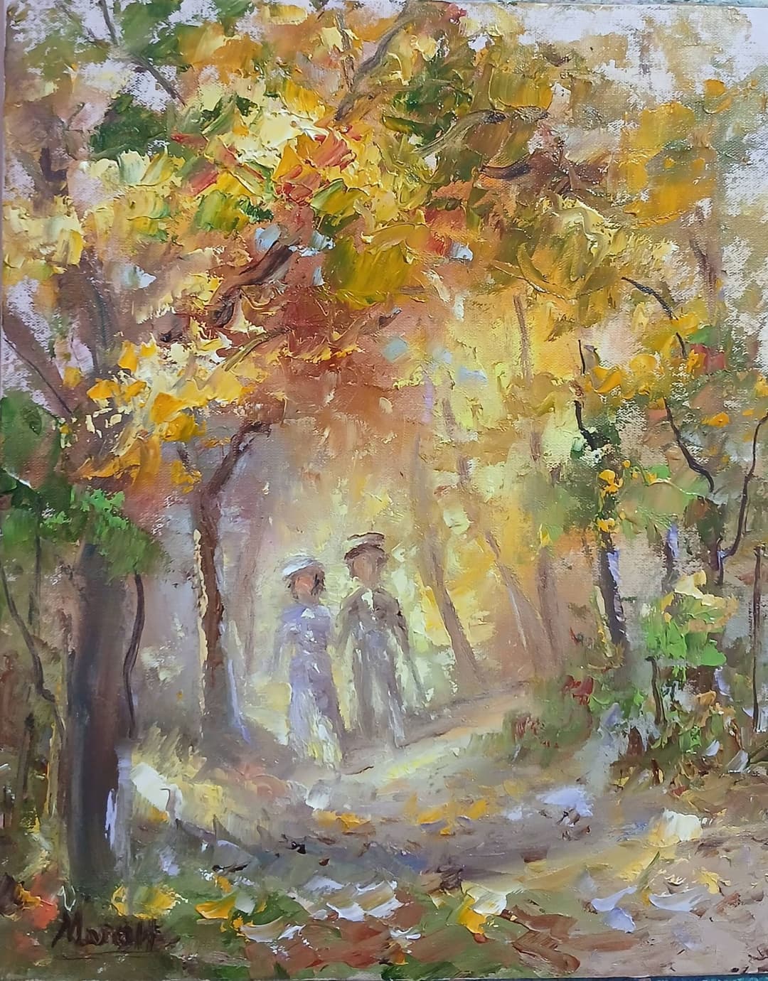 Quadro original "Caminho Dourado em Outono" — Impressionismo, Espatulado a óleo sobre tela, 24 x 30 cm, pintado à mão por Marah Silva