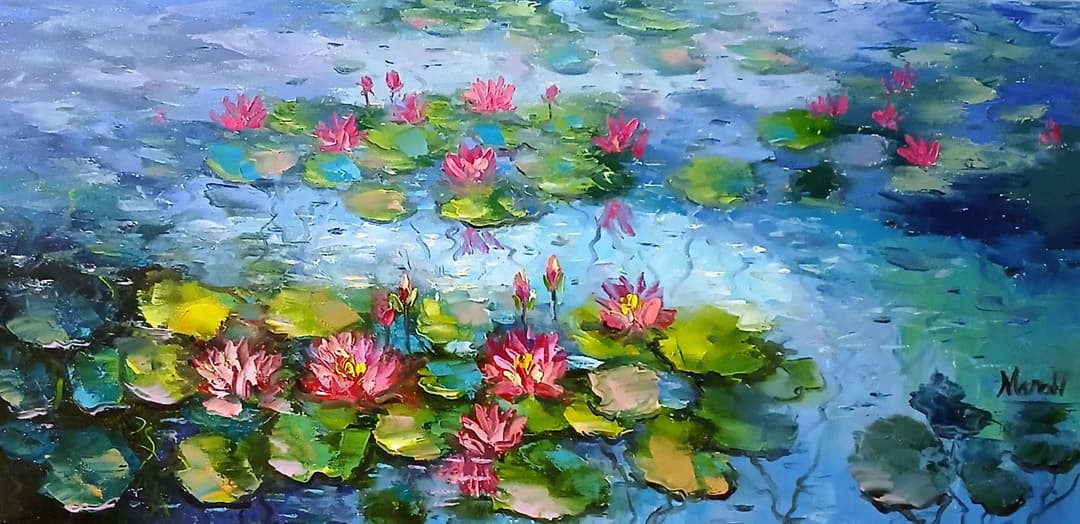Quadro original "Estrelas d'água" — Impressionismo, A óleo sobre tela, 30 x 60 cm, pintado à mão por Marah Silva