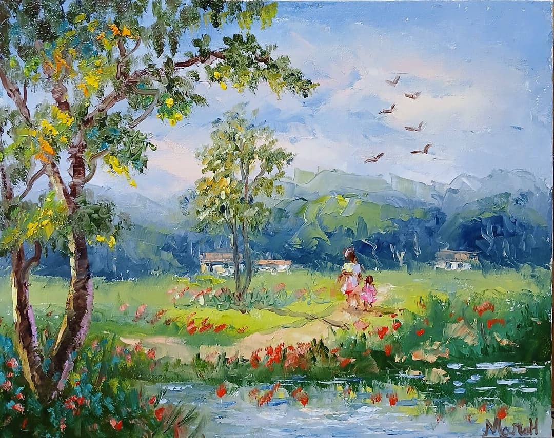 Quadro original "Caminho Sereno à Beira D'Água" — Paisagens, A óleo sobre tela, 24 x 30 cm, pintado à mão por Marah Silva