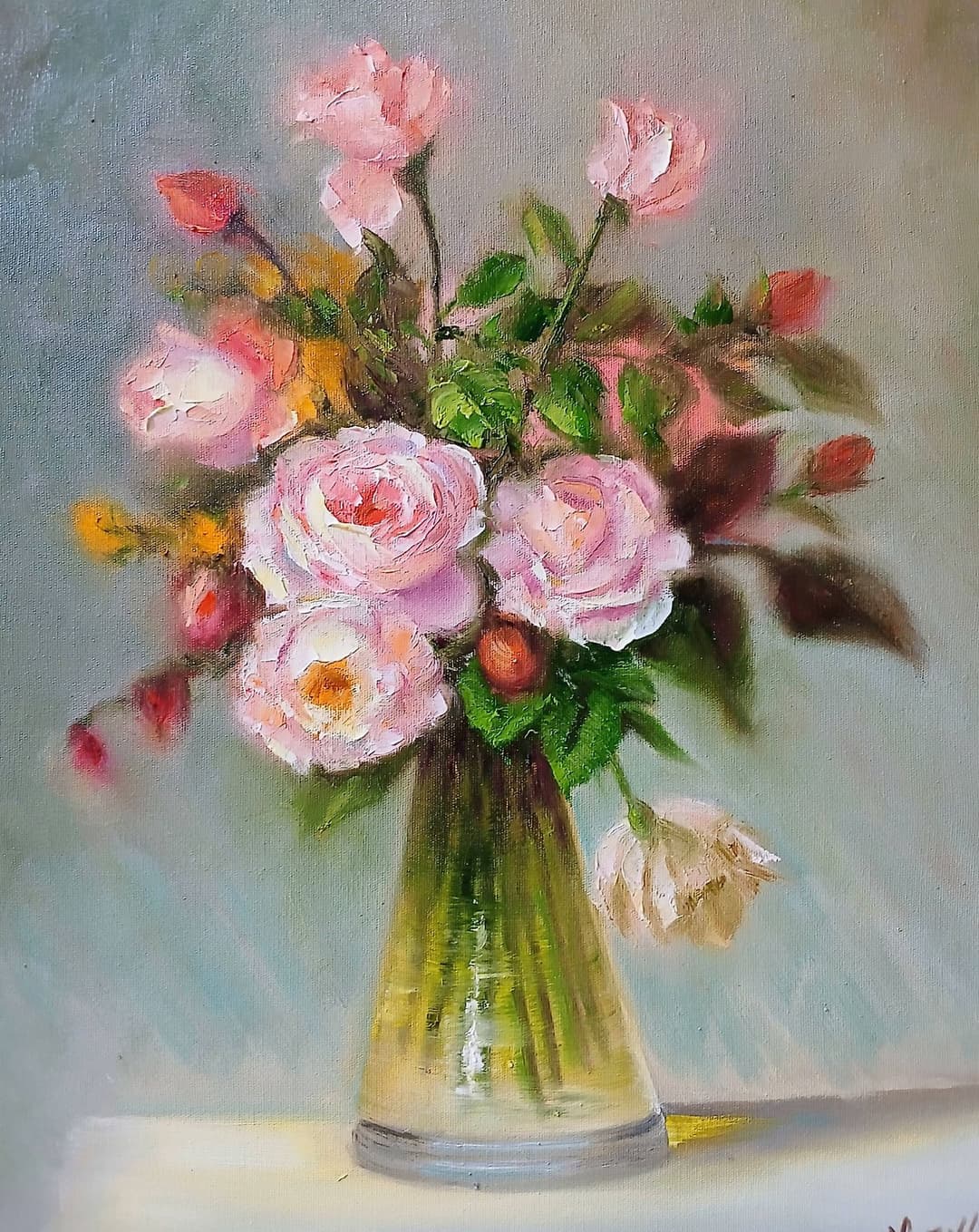 Quadro original "Serenata em Tons Suaves" — Florais, A óleo sobre tela, 35 x 45 cm, pintado à mão por Marah Silva