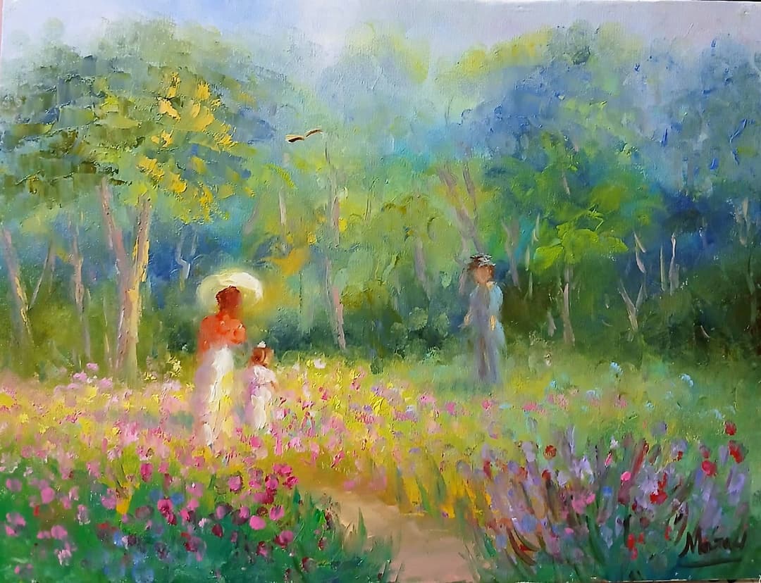 Quadro original "Caminhada ao Por do Sol" — Impressionismo, A óleo sobre tela, 30 x 40 cm, pintado à mão por Marah Silva