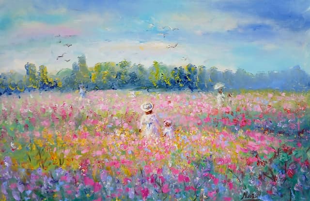 Quadro original "Encanto em Pétalas Rosadas" — Impressionismo, A óleo sobre tela, 40 x 60 cm, pintado à mão por Marah Silva