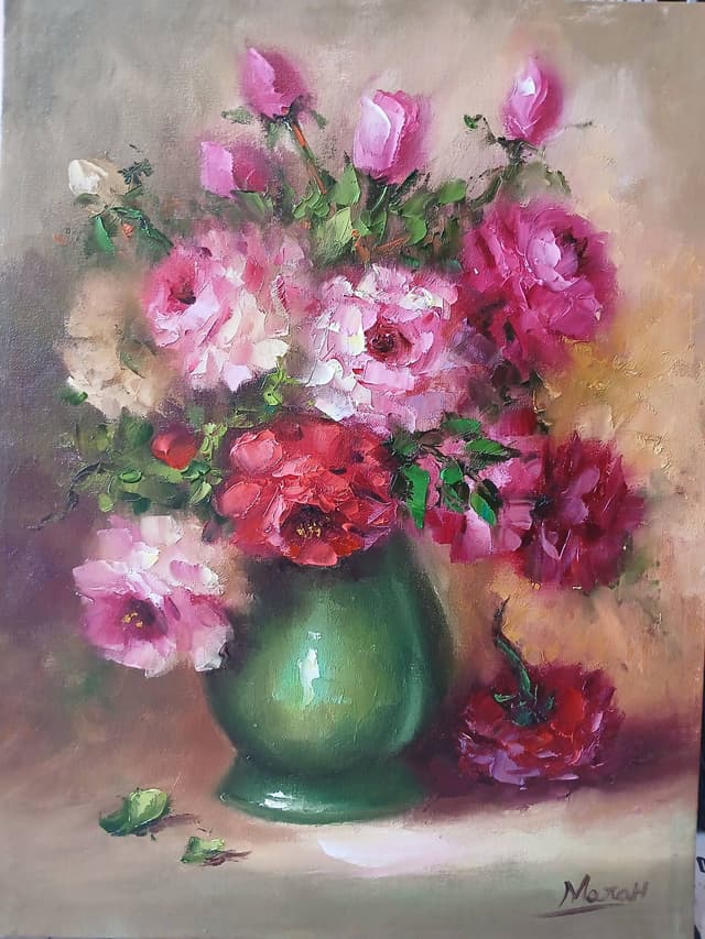 Quadro original "Carmesim e Jade" — Florais, Espatulado a óleo sobre tela, 30 x 40 cm, pintado à mão por Marah Silva