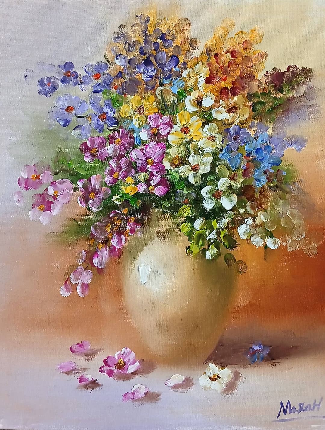 Quadro original "Jarro de Flores Múltiplas" — Florais, A óleo sobre tela, 24 x 30 cm, pintado à mão por Marah Silva
