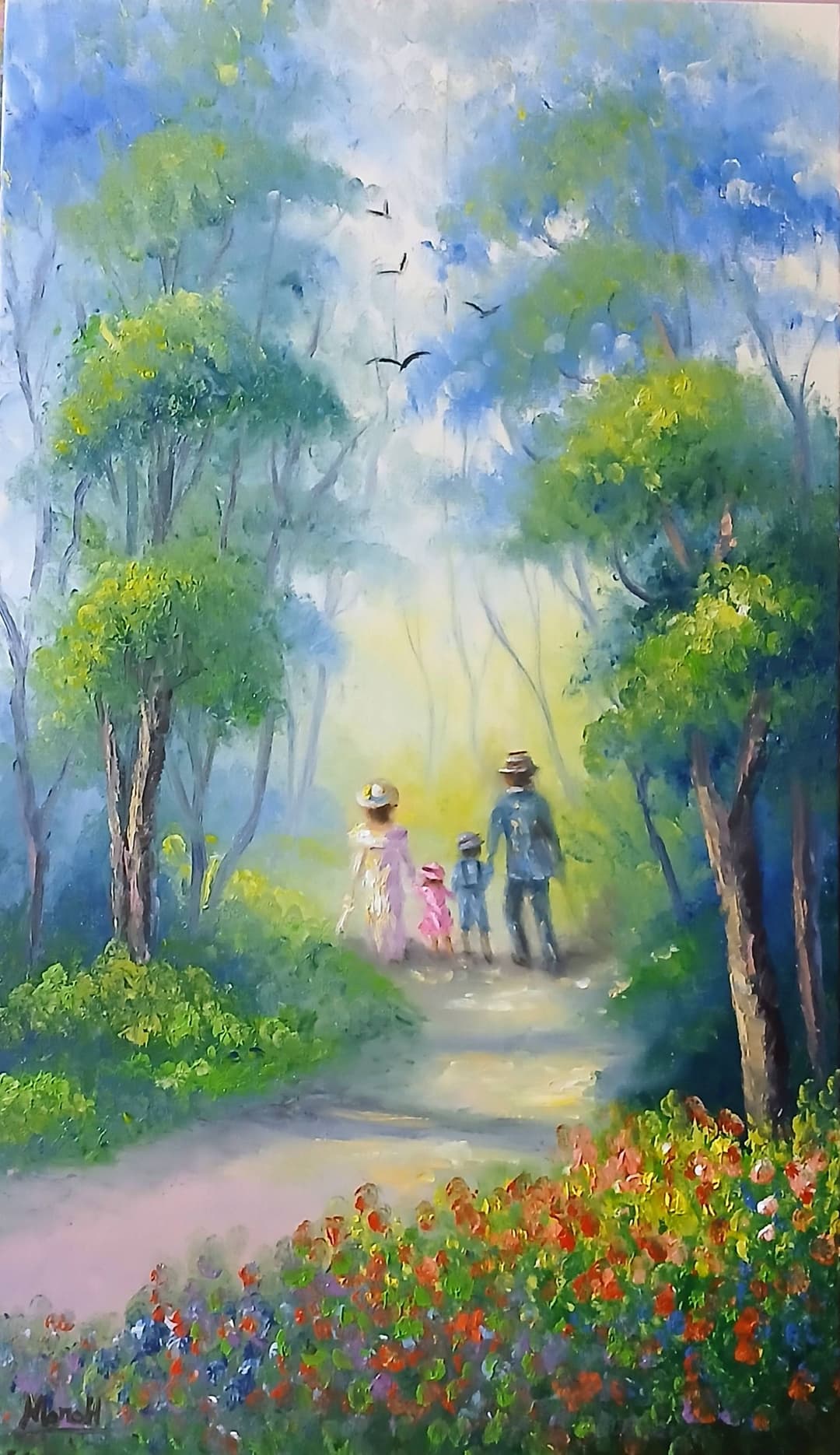 Quadro original "Passeio em Família Sereno" — Impressionismo, A óleo sobre tela, 50 x 70 cm, pintado à mão por Marah Silva