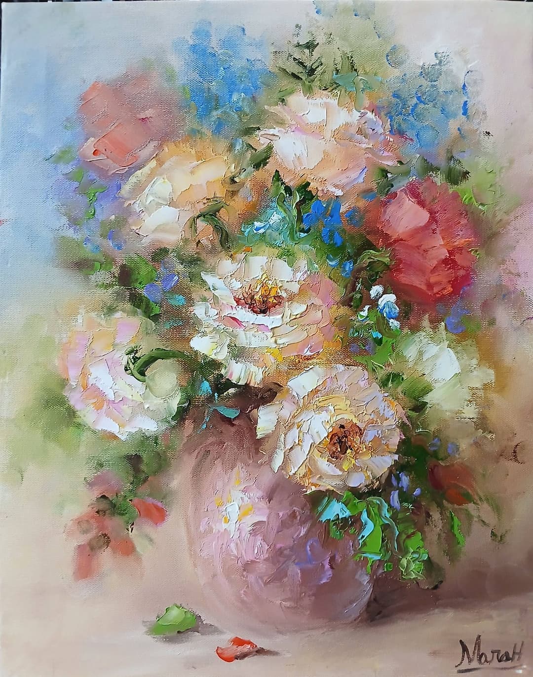 Quadro original "Delicadeza em Tons Pastéis" — Florais, A óleo sobre tela, 24 x 30 cm, pintado à mão por Marah Silva