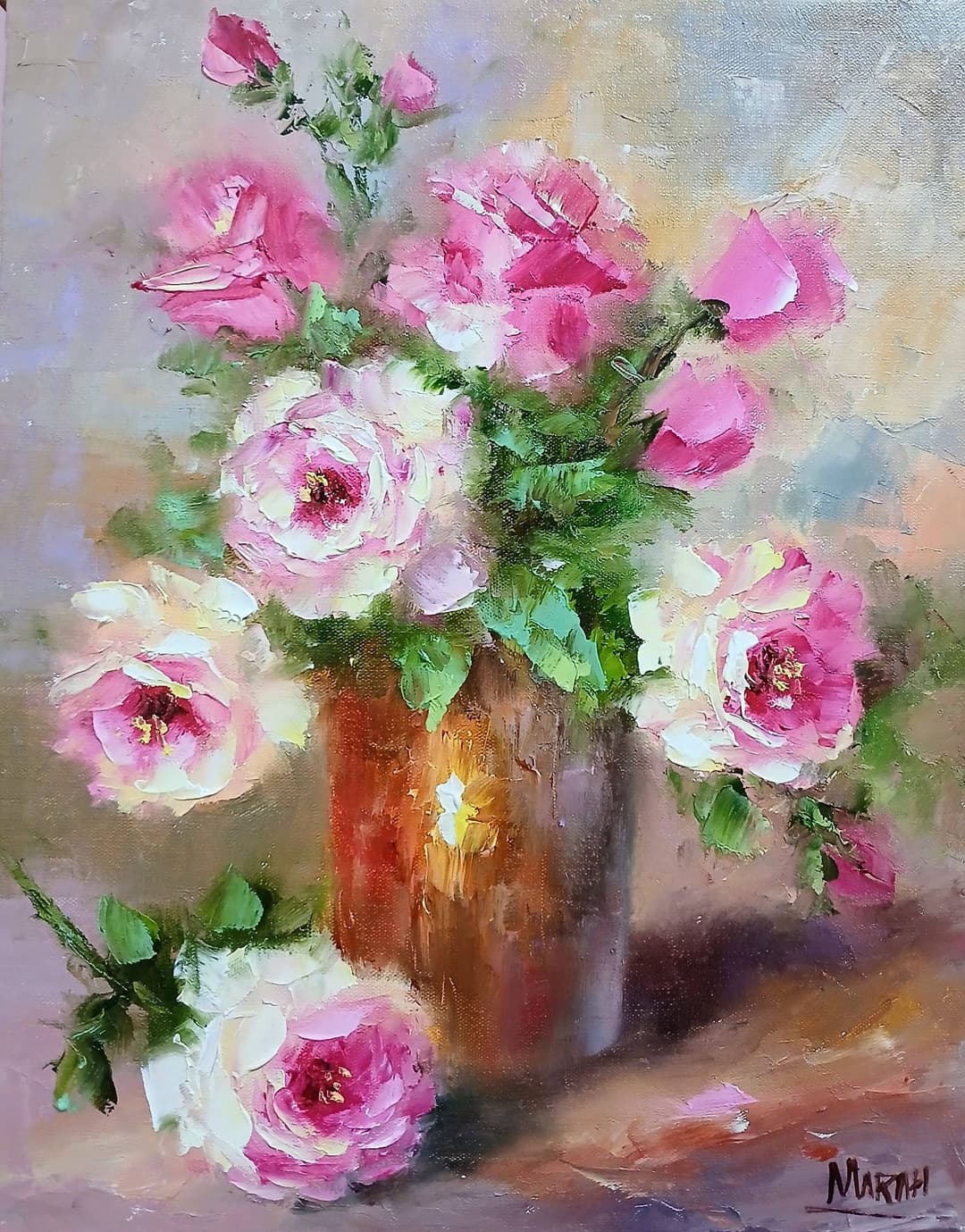 Quadro original "Encanto em Tons de Rosa" — Florais, 24 x 30 cm, pintado à mão por Marah Silva