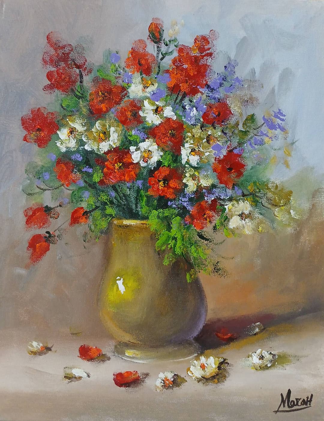 Quadro original "Jarro de Flores Rubras" — Florais, A óleo sobre tela, 24 x 30 cm, pintado à mão por Marah Silva
