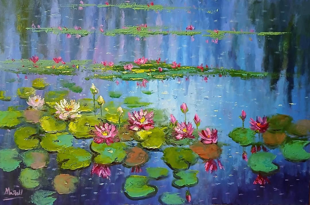 Quadro original "Jardim Flutuante ao Entardecer" — Impressionismo, A óleo sobre tela, 40 x 60 cm, pintado à mão por Marah Silva