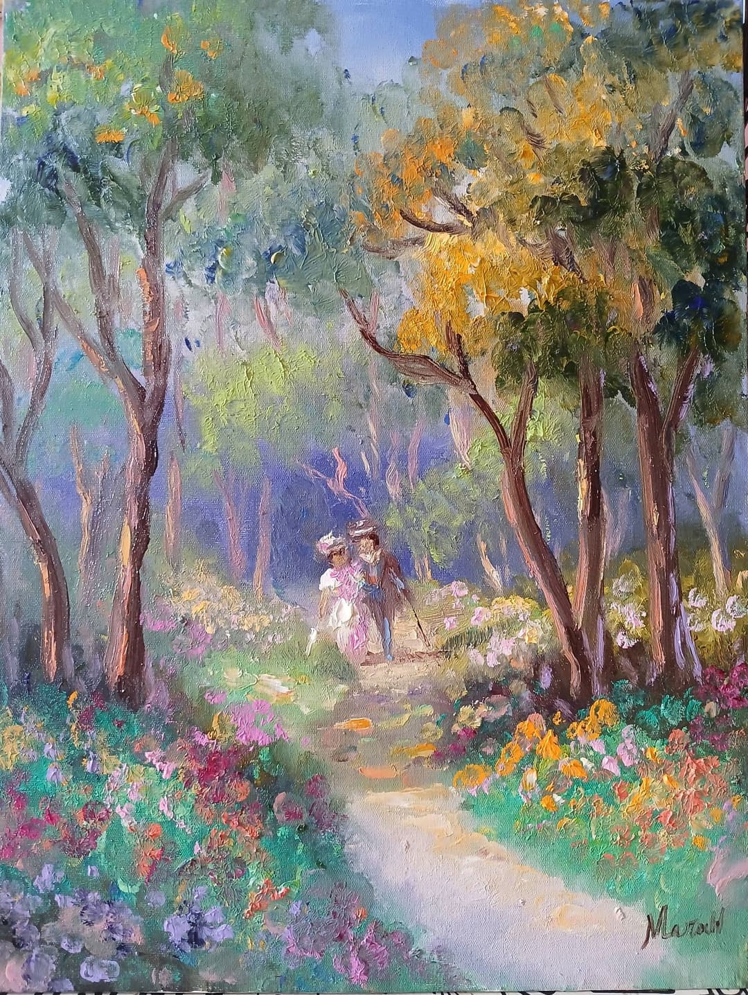 Quadro original "Caminhada Serene no Bosque" — Impressionismo, A óleo sobre tela, 30 x 40 cm, pintado à mão por Marah Silva