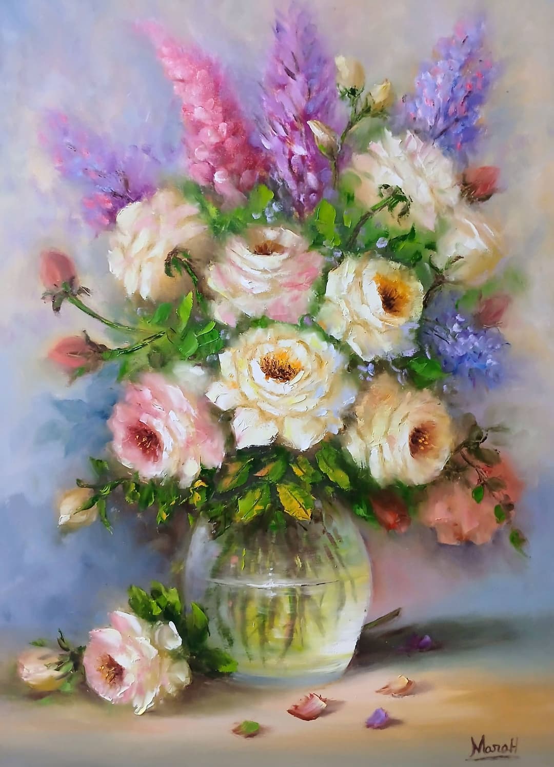 Quadro original "Ecos de Lavanda e Rosa" — Florais, A óleo sobre tela, 50 x 70 cm, pintado à mão por Marah Silva