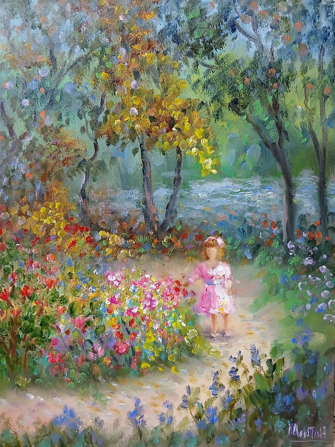 Quadro original "A Menina e a Natureza" — Impressionismo, A óleo sobre tela, 30 x 40 cm, pintado à mão por Marah Silva
