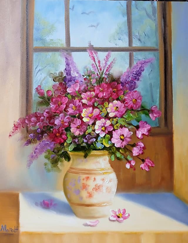 Quadro original "Florescer na Janela Clara" — Florais, A óleo sobre tela, 40 x 50 cm, pintado à mão por Marah Silva