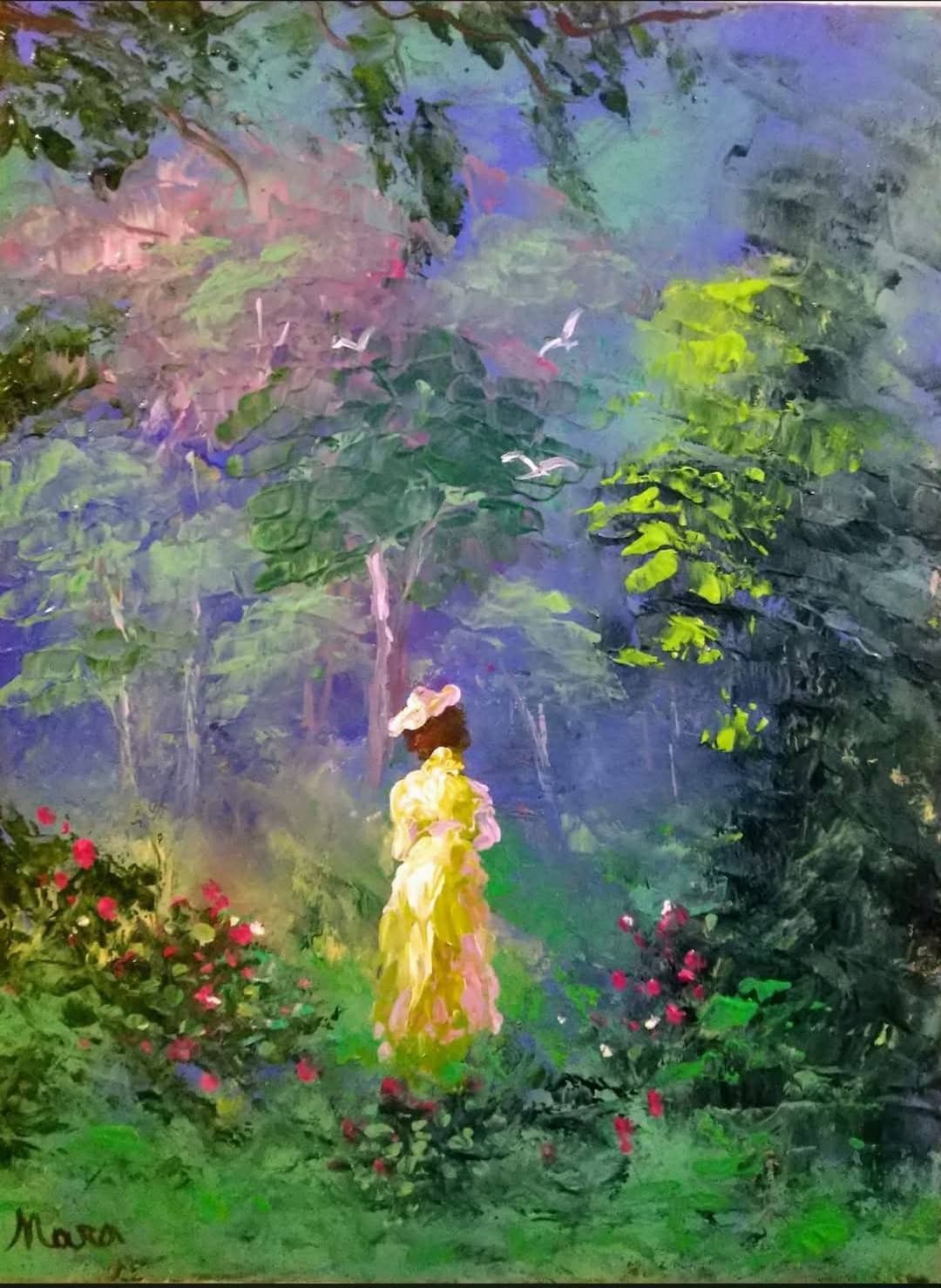 Quadro original "Passeio Sob Luzes Suaves" — Impressionismo, A óleo sobre tela, 30 x 40 cm, pintado à mão por Marah Silva