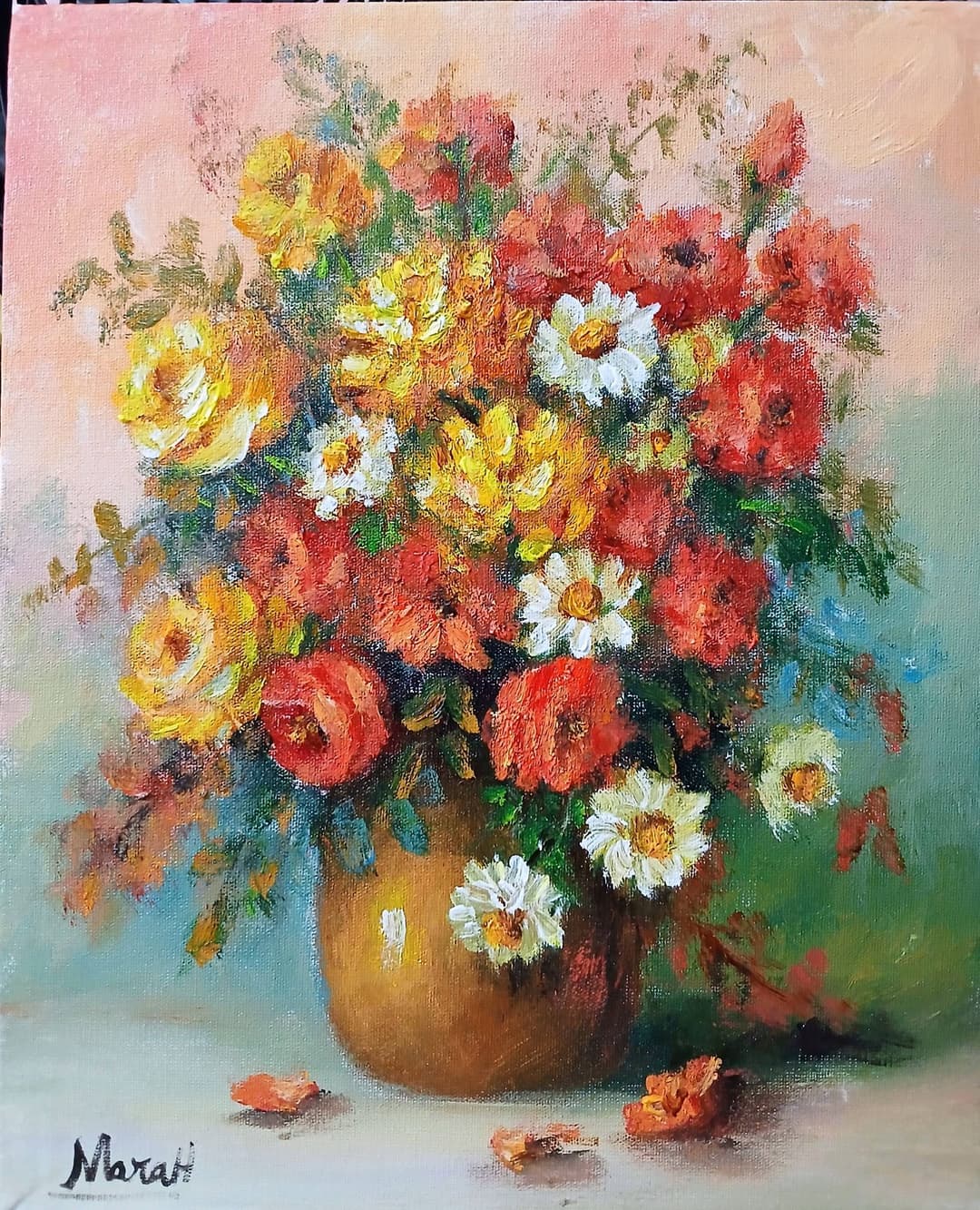 Quadro original "Vaso de Luz Dourada" — Florais, A óleo sobre tela, 24 x 30 cm, pintado à mão por Marah Silva