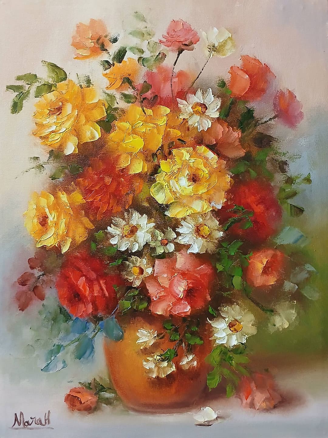 Quadro original "Melodia Floral Dourada" — Florais, A óleo sobre tela, 30 x 40 cm, pintado à mão por Marah Silva