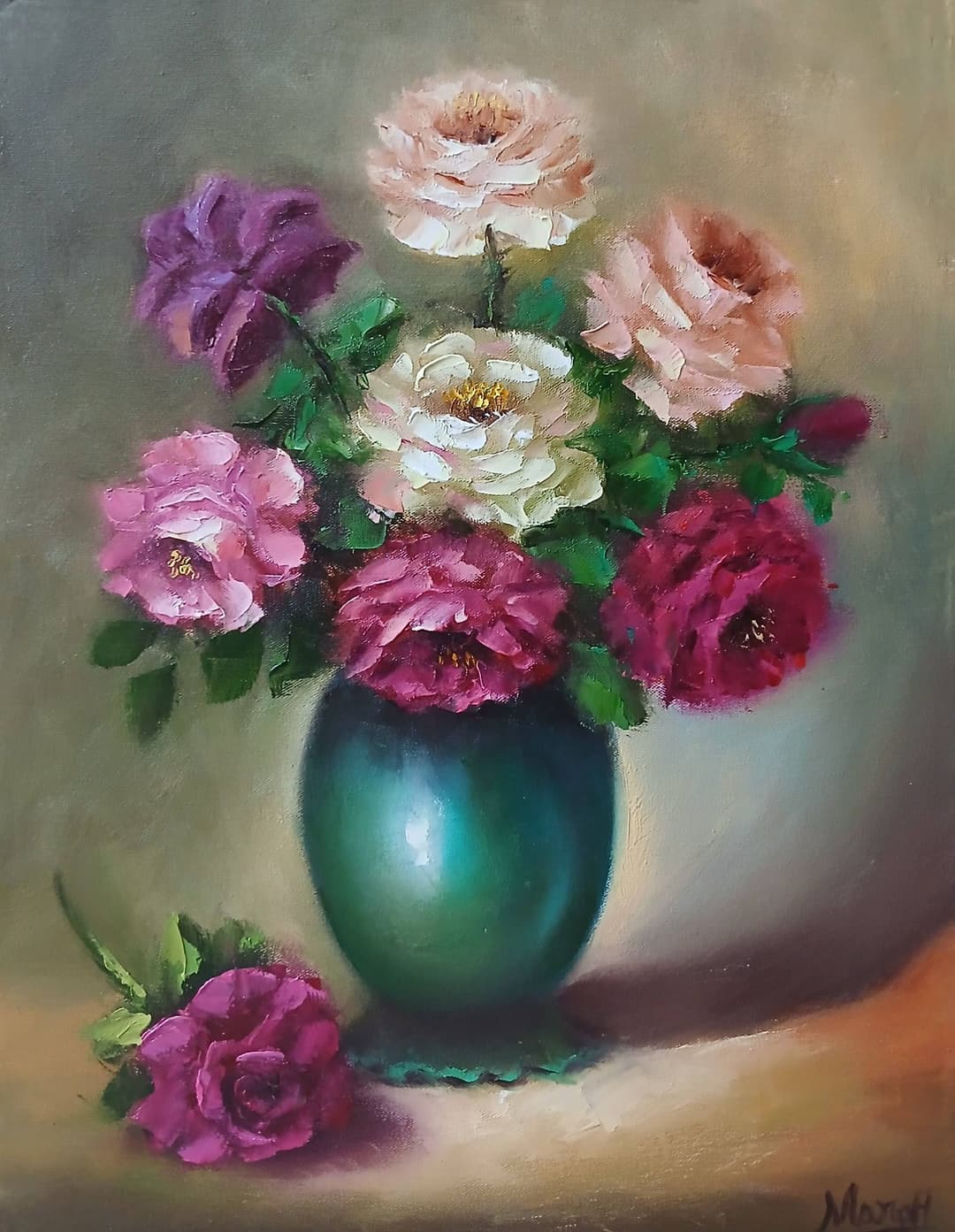 Quadro original "Vaso de Jade e Pétalas" — Florais, A óleo sobre tela, 30 x 40 cm, pintado à mão por Marah Silva
