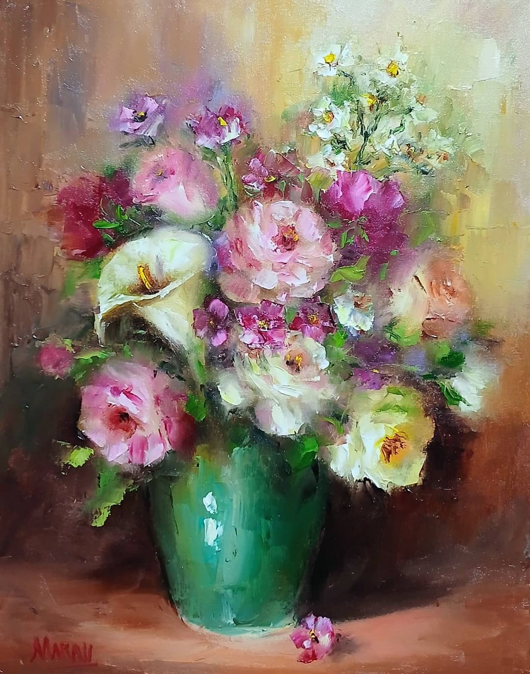 Quadro original "Harmonia em Pétalas Rosadas" — Florais, Espatulado a óleo sobre tela, 30 x 40 cm, pintado à mão por Marah Silva