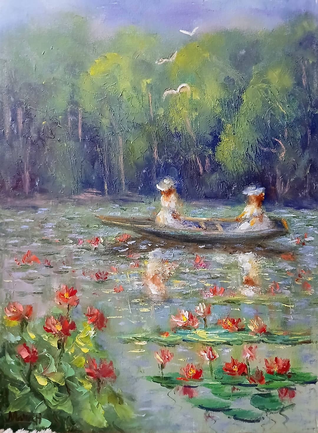 Quadro original "Serenata das Ninféias" — Impressionismo, A óleo sobre tela, 30 x 40 cm, pintado à mão por Marah Silva