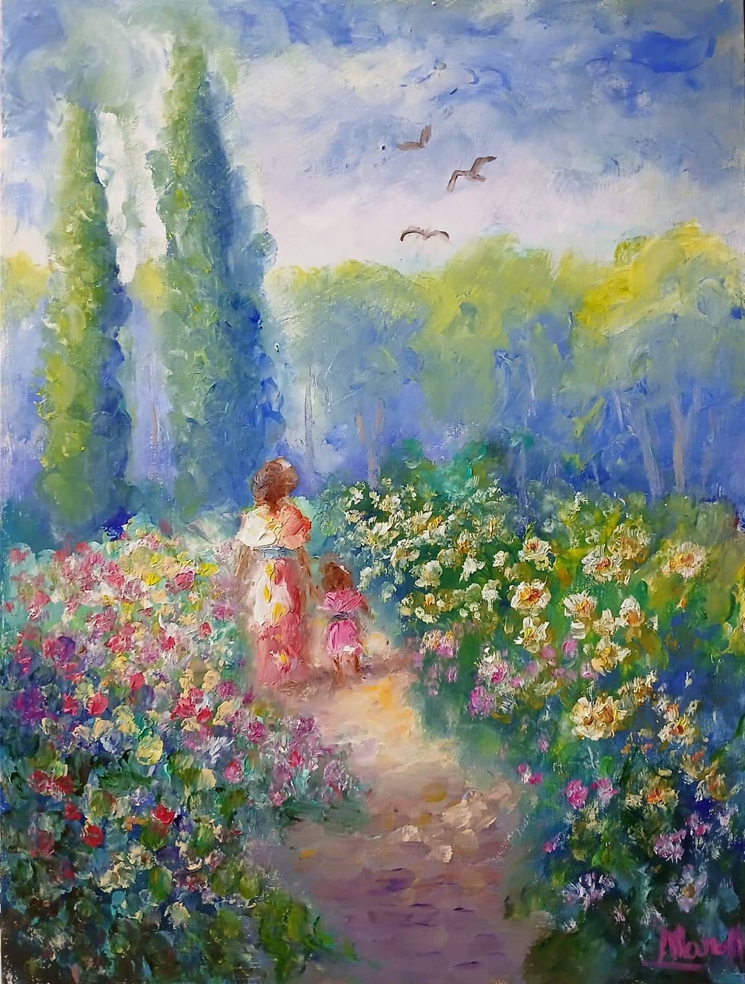 Quadro original "Caminhada no Vergel Azul" — Impressionismo, A óleo sobre tela, 30 x 40 cm, pintado à mão por Marah Silva