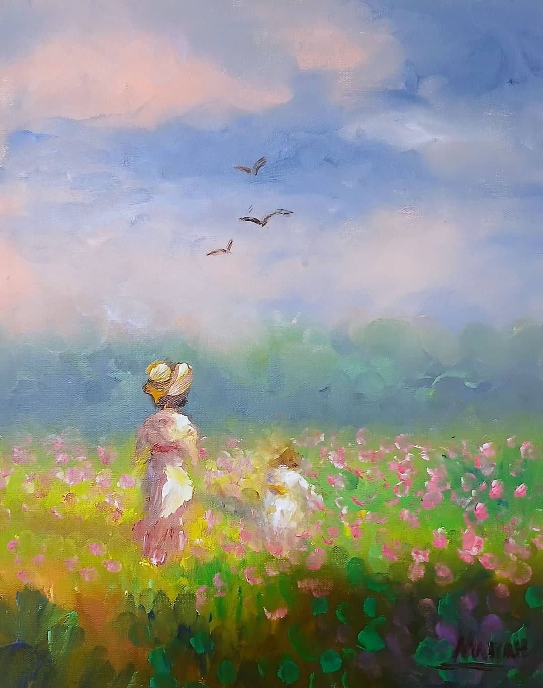 Quadro original "Sonho de primavera" — Impressionismo, A óleo sobre tela, 24 x 30 cm, pintado à mão por Marah Silva
