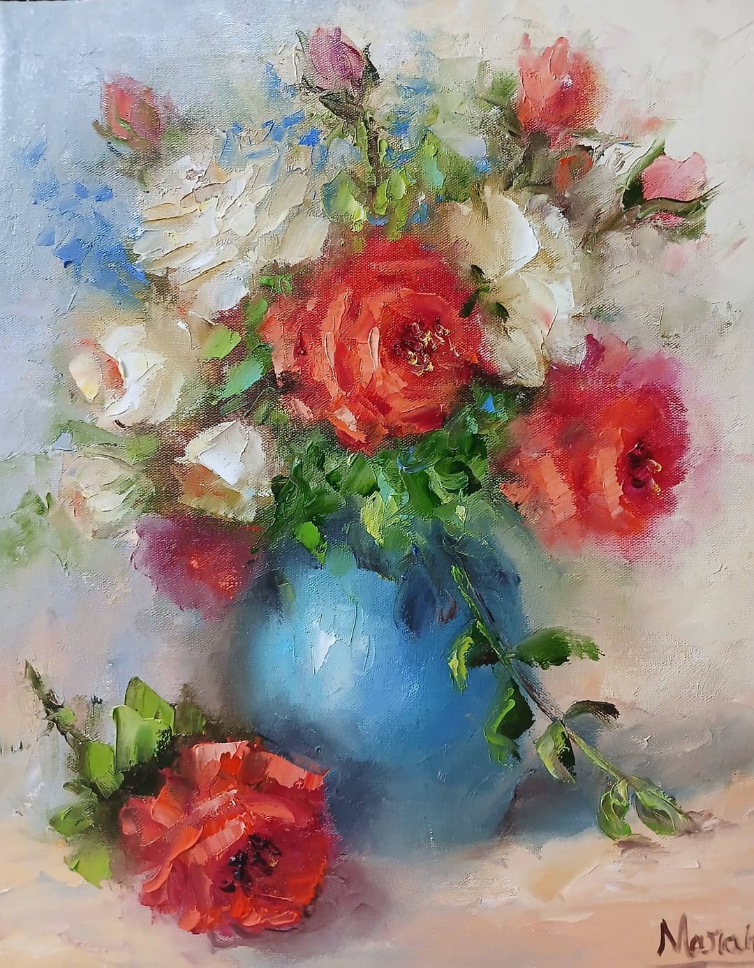 Quadro original "Harmonia em Cerâmica Azul" — Florais, 24 x 30 cm, pintado à mão por Marah Silva