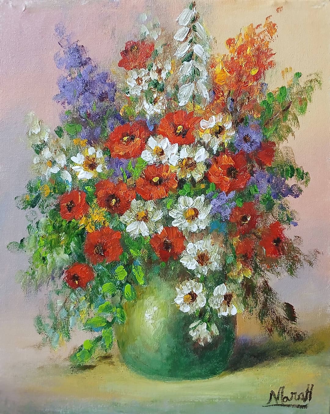 Quadro original "Poema de Flores Rubras" — Florais, A óleo sobre tela, 24 x 30 cm, pintado à mão por Marah Silva