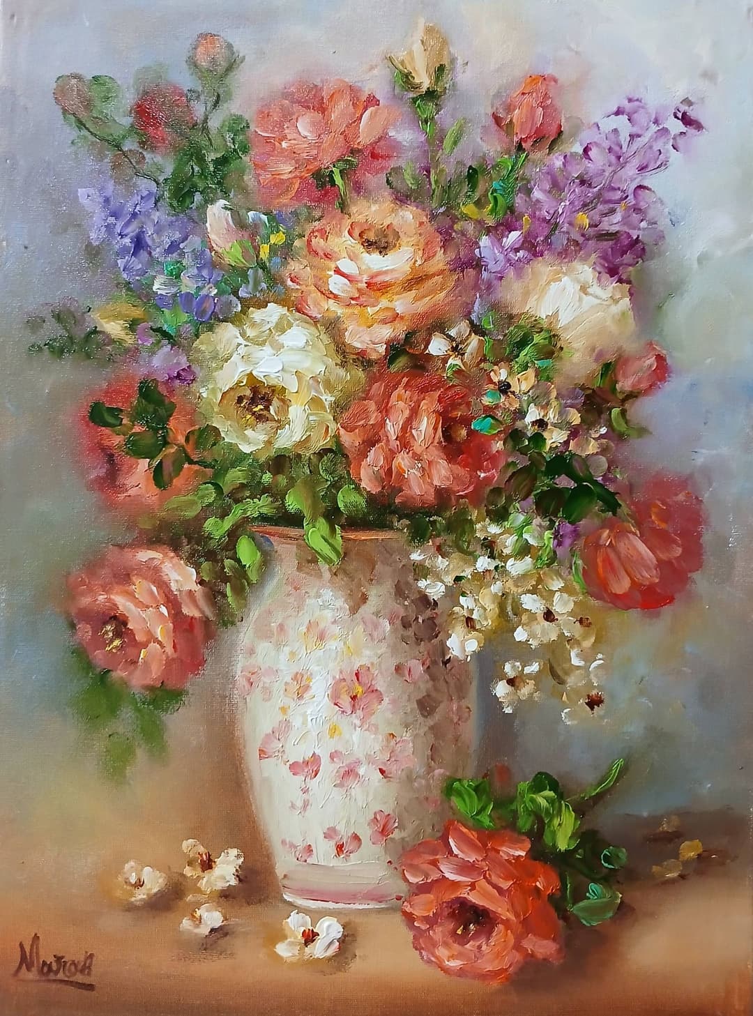Quadro original "Floral em um vaso de porcelana" — Florais, A óleo sobre tela, 30 x 40 cm, pintado à mão por Marah Silva