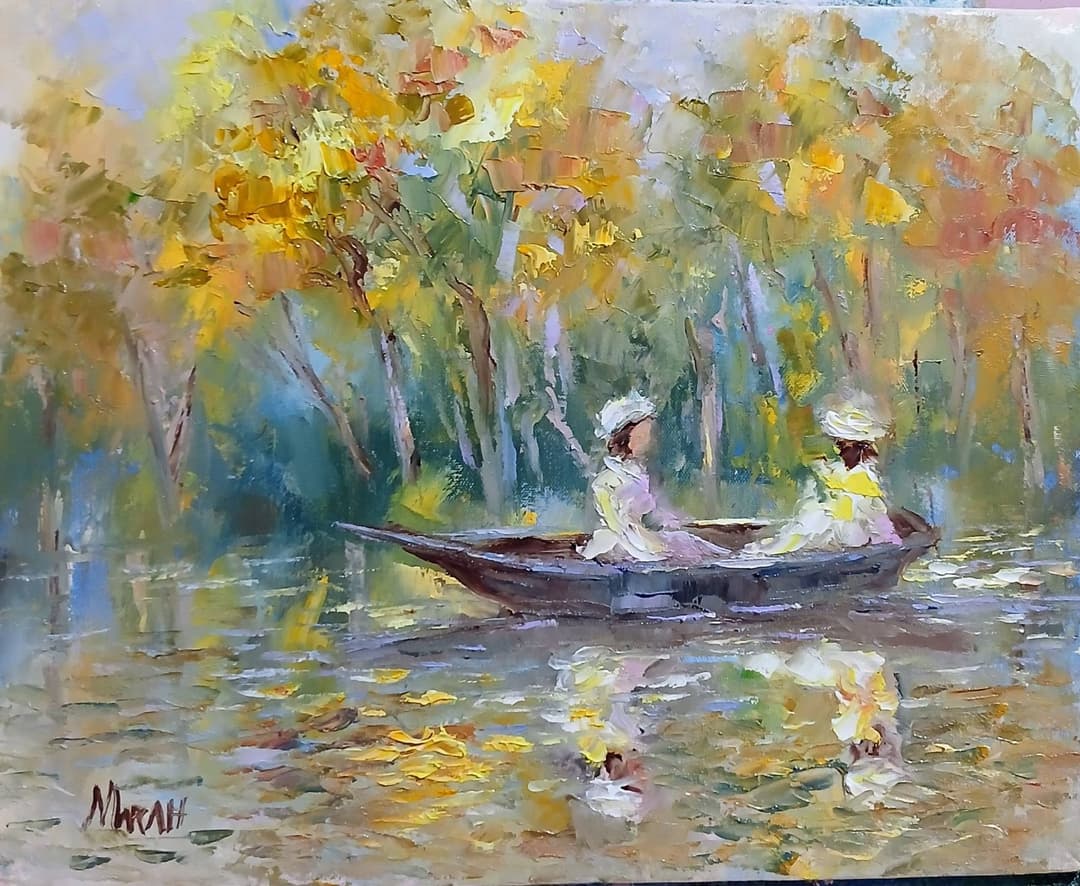 Quadro original "Reflexos de Outono Aquático" — Impressionismo, Espatulado a óleo sobre tela, 24 x 30 cm, pintado à mão por Marah Silva